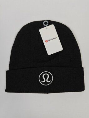 Black Lululemon Logo Cuffed Knit Beanie in Black With White Logo